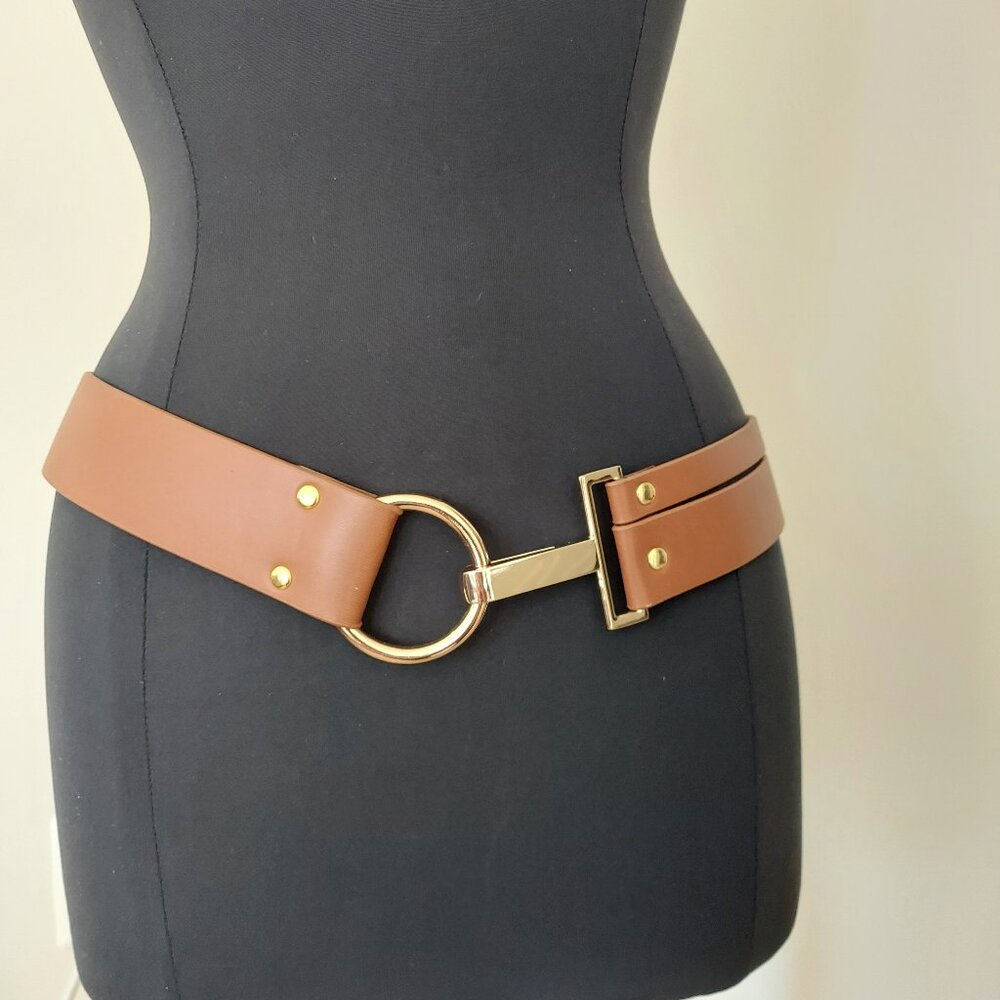Chico's Brown Leather Belt with Gold Ring Hardware